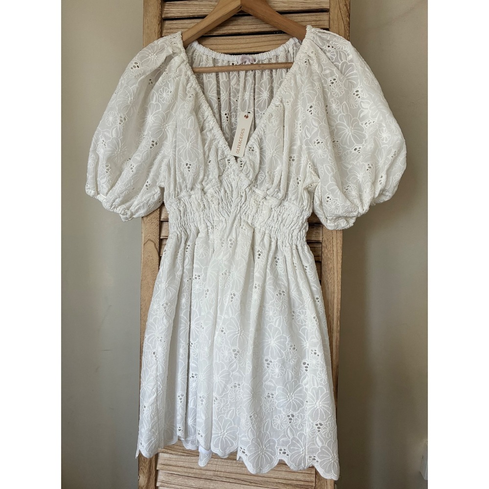 Olivaceous White Cottagecore Eyelet Mini Dress Puff Sleeve Smocked Waist
